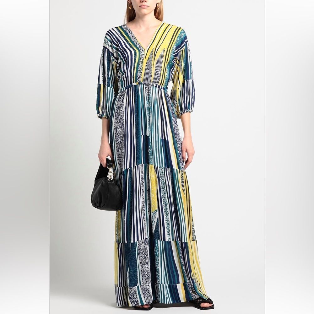 New Poupette St Barth Striped Tiered Mya Maxi Dress Aqua Solis Large